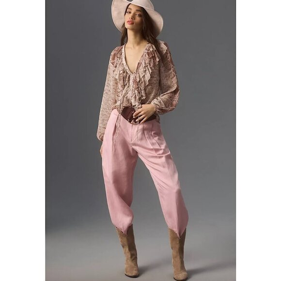 ANTHROPOLOGIE Long Sleeve Ruffled Snakeskin Print Blouse Brown - Picture 5 of 14